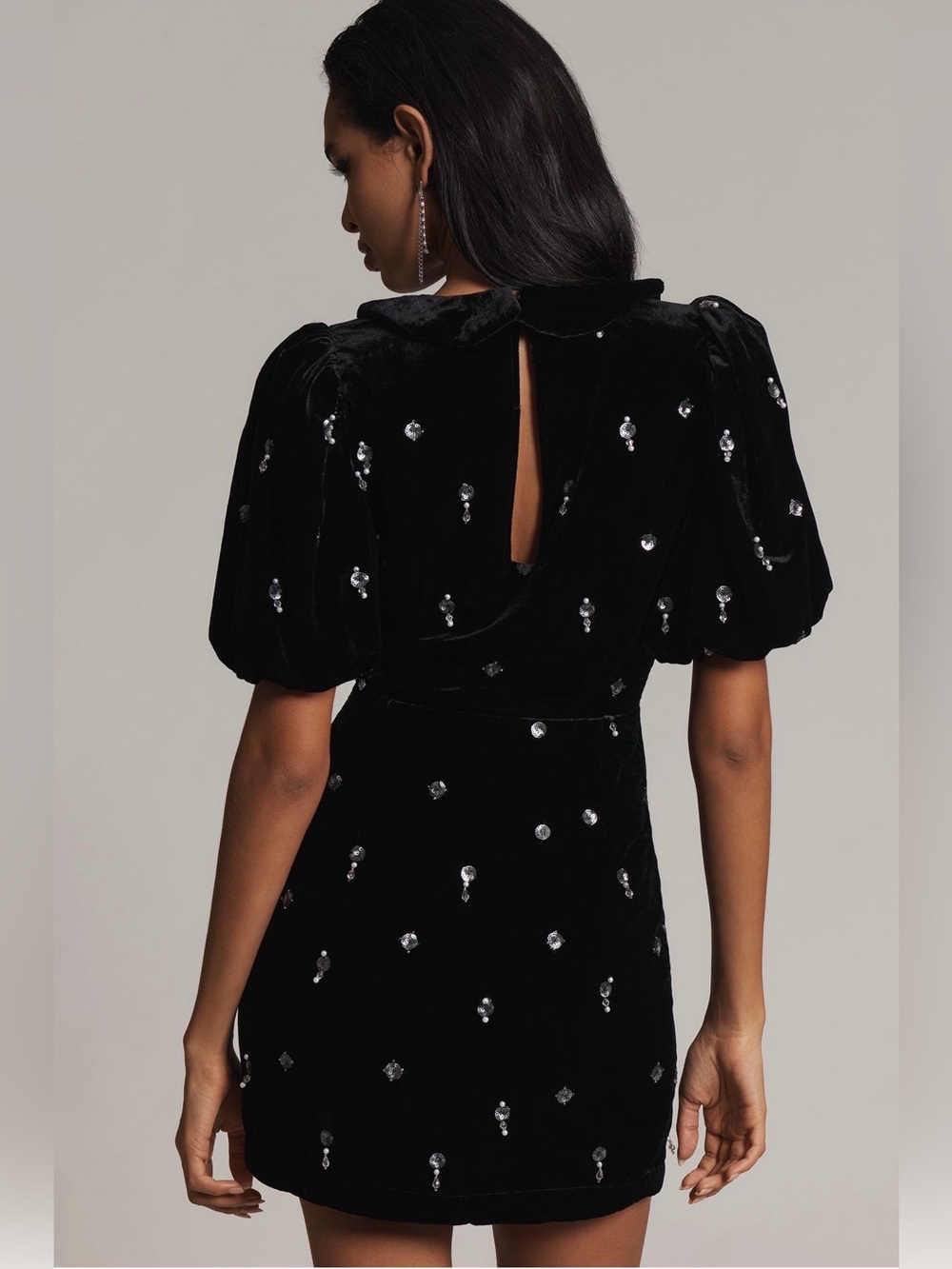 Anthropologie Maeve Black Velvet Mini Dress 2 Sequin Pearl Puff Sleeve Party - Picture 2 of 14